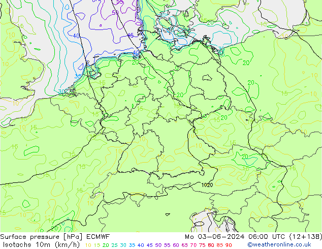 Izotacha (km/godz) ECMWF pon. 03.06.2024 06 UTC