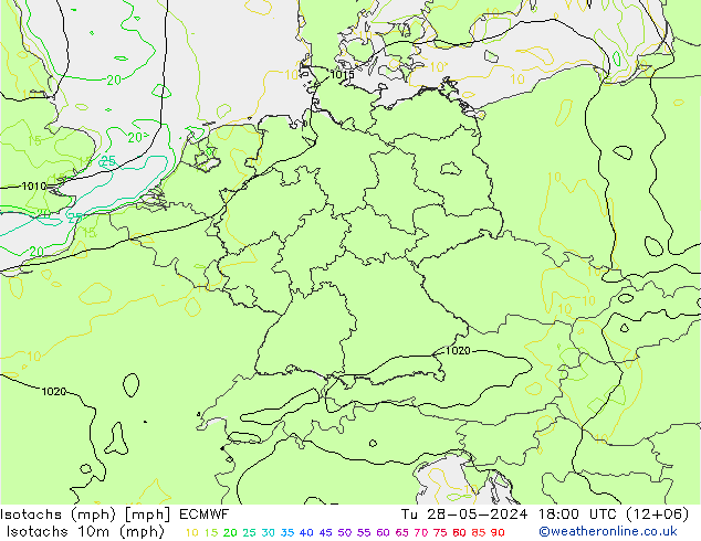 Isotachen (mph) ECMWF Di 28.05.2024 18 UTC