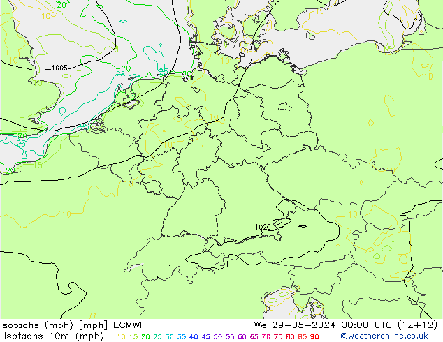 Isotachen (mph) ECMWF Mi 29.05.2024 00 UTC