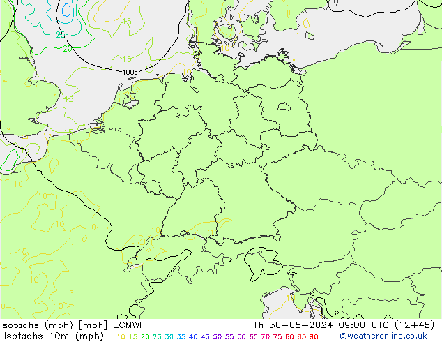 Izotacha (mph) ECMWF czw. 30.05.2024 09 UTC