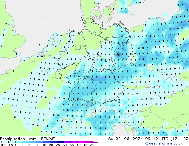 Srážky ECMWF Ne 02.06.2024 12 UTC