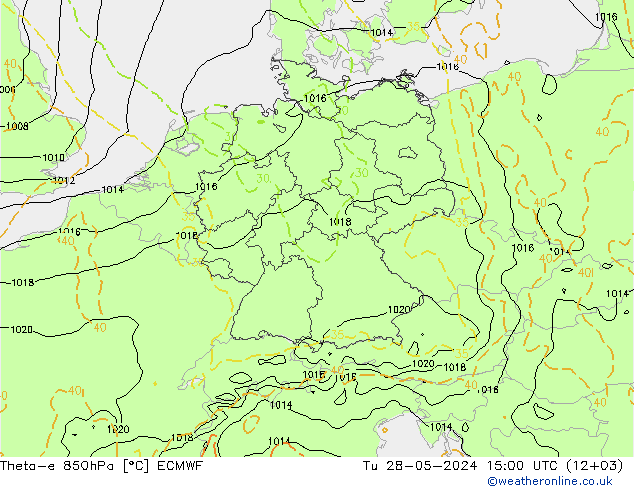 Theta-e 850hPa ECMWF Tu 28.05.2024 15 UTC