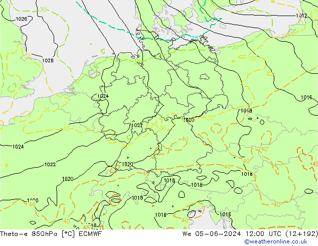 Theta-e 850hPa ECMWF mer 05.06.2024 12 UTC