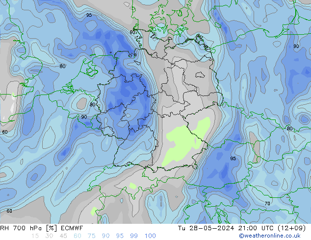 Humidité rel. 700 hPa ECMWF mar 28.05.2024 21 UTC