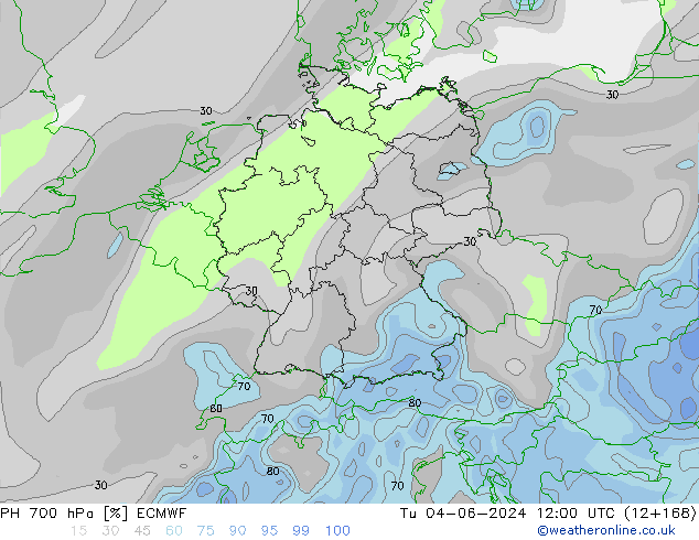 Humidité rel. 700 hPa ECMWF mar 04.06.2024 12 UTC