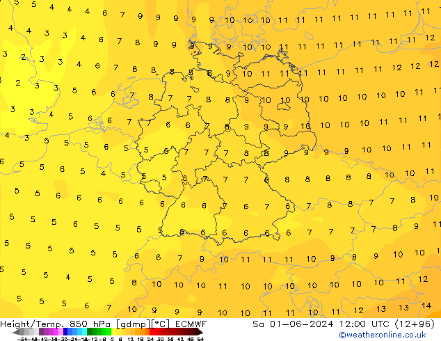 Height/Temp. 850 hPa ECMWF Sa 01.06.2024 12 UTC