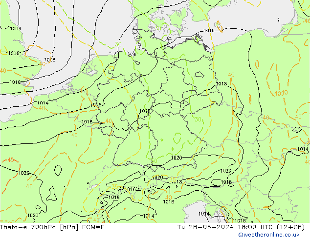 Theta-e 700hPa ECMWF 星期二 28.05.2024 18 UTC