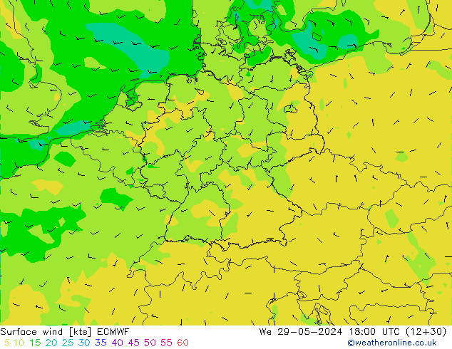 Surface wind ECMWF We 29.05.2024 18 UTC