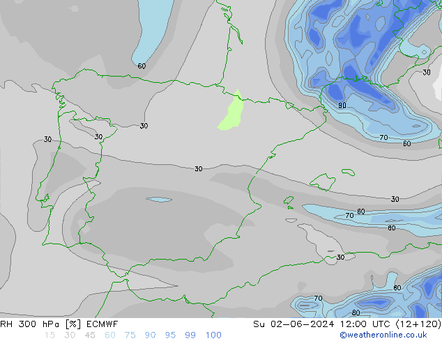 RH 300 hPa ECMWF Ne 02.06.2024 12 UTC