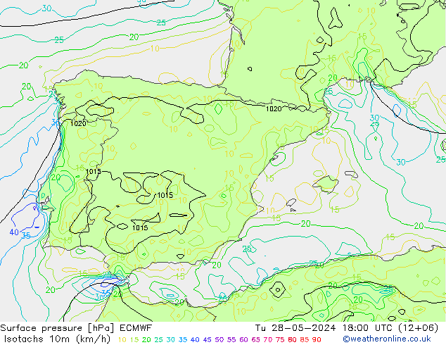 Isotachs (kph) ECMWF Tu 28.05.2024 18 UTC