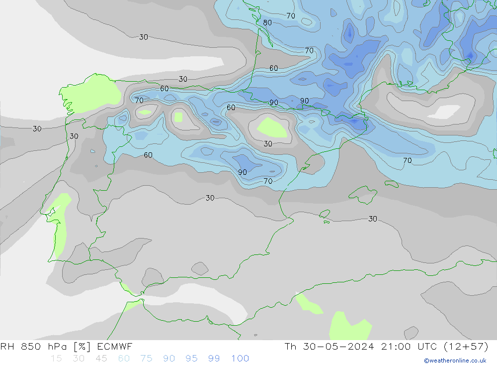 Humidité rel. 850 hPa ECMWF jeu 30.05.2024 21 UTC
