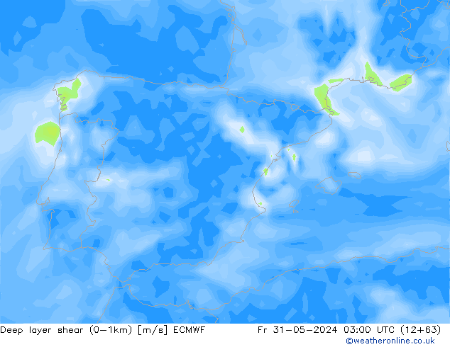 Deep layer shear (0-1km) ECMWF Pá 31.05.2024 03 UTC