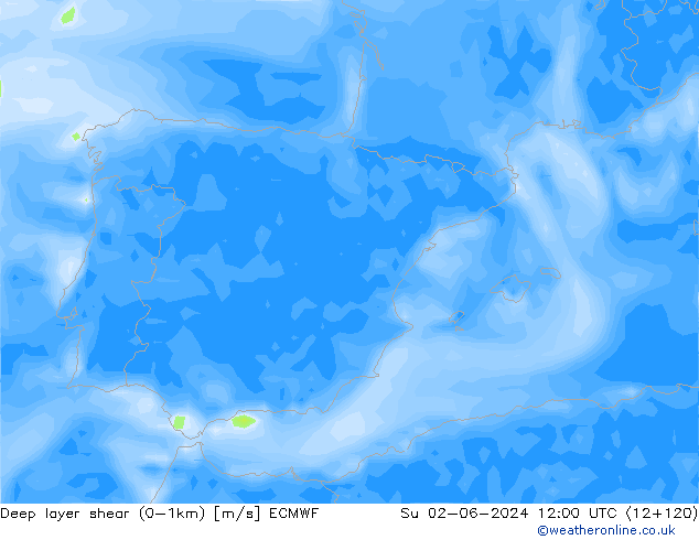 Deep layer shear (0-1km) ECMWF Paz 02.06.2024 12 UTC