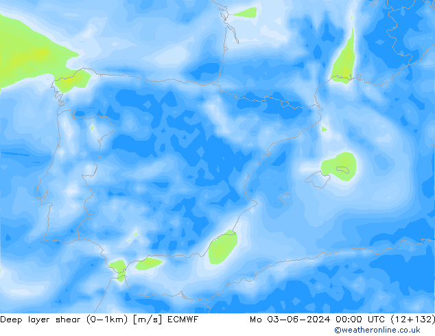 Deep layer shear (0-1km) ECMWF lun 03.06.2024 00 UTC