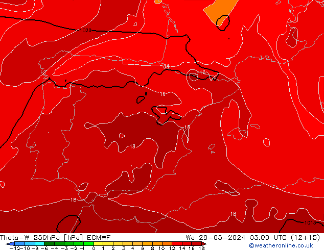 Theta-W 850гПа ECMWF ср 29.05.2024 03 UTC