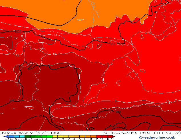 Theta-W 850hPa ECMWF Dom 02.06.2024 18 UTC