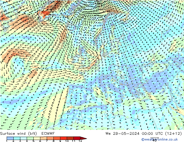 Vento 10 m (bft) ECMWF mer 29.05.2024 00 UTC