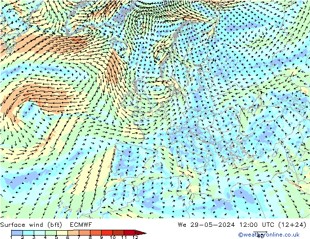 Surface wind (bft) ECMWF We 29.05.2024 12 UTC