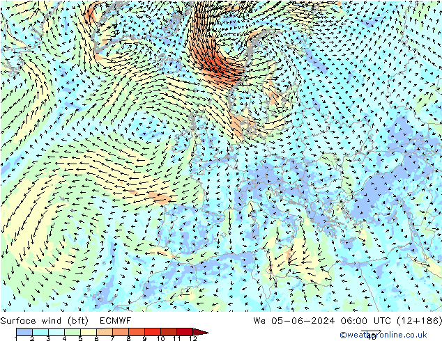 wiatr 10 m (bft) ECMWF śro. 05.06.2024 06 UTC