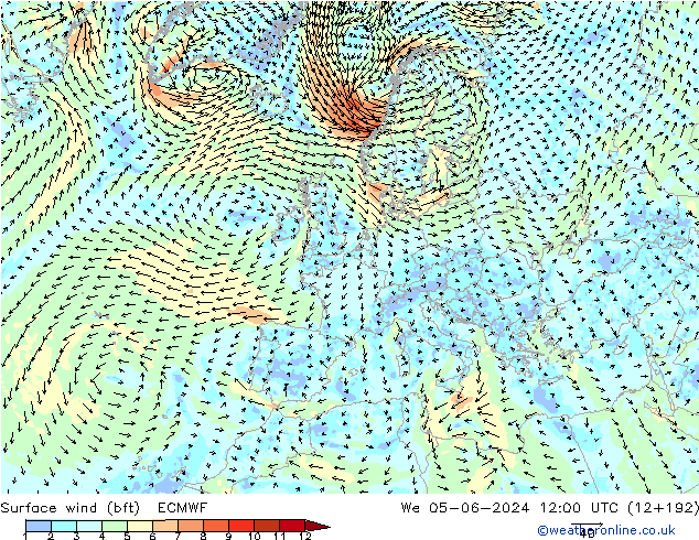 Bodenwind (bft) ECMWF Mi 05.06.2024 12 UTC