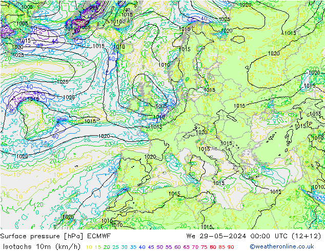 Isotachs (kph) ECMWF  29.05.2024 00 UTC