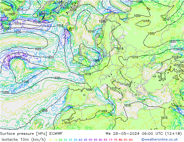 Isotachs (kph) ECMWF St 29.05.2024 06 UTC