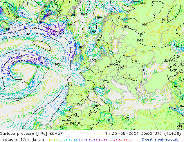 Izotacha (km/godz) ECMWF czw. 30.05.2024 00 UTC