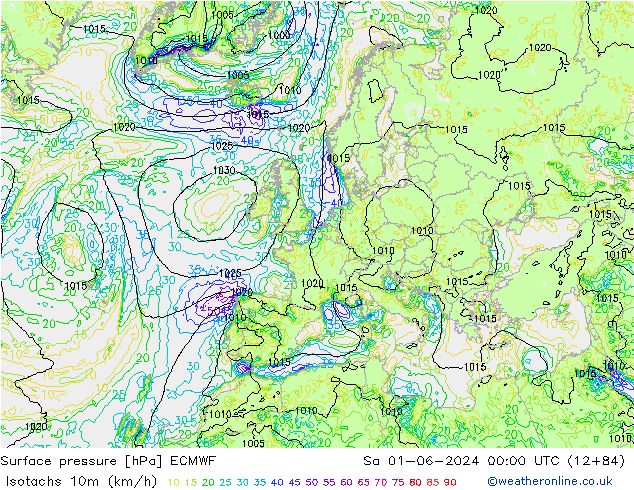 Isotachs (kph) ECMWF Sa 01.06.2024 00 UTC