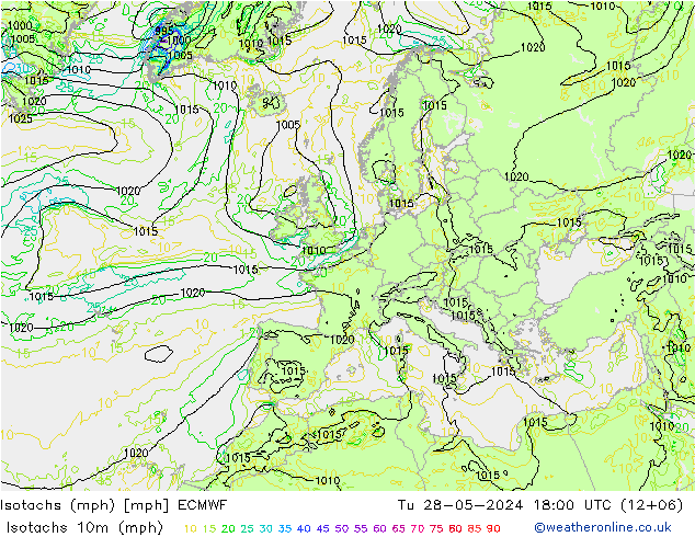 Isotachen (mph) ECMWF Di 28.05.2024 18 UTC