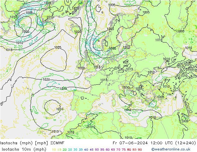 Isotaca (mph) ECMWF vie 07.06.2024 12 UTC