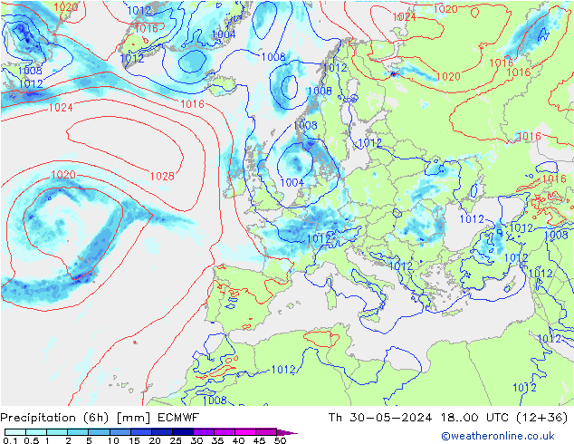 Z500/Rain (+SLP)/Z850 ECMWF jue 30.05.2024 00 UTC