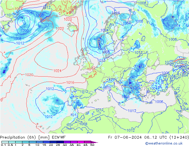 Precipitation (6h) ECMWF Fr 07.06.2024 12 UTC