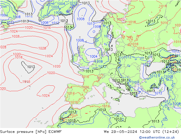 Presión superficial ECMWF mié 29.05.2024 12 UTC