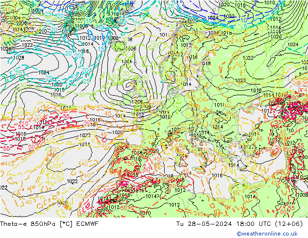 Theta-e 850hPa ECMWF mar 28.05.2024 18 UTC