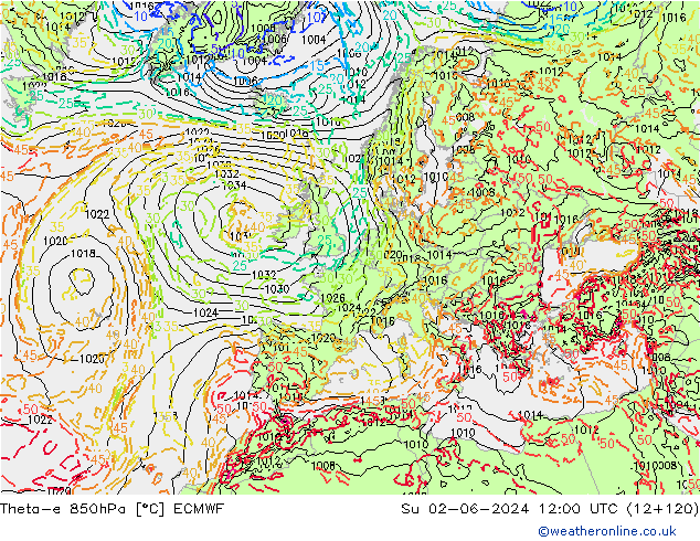 Theta-e 850hPa ECMWF dim 02.06.2024 12 UTC