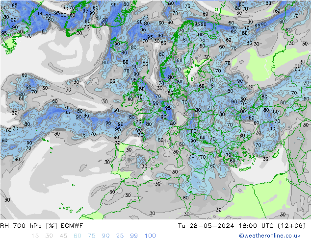 RH 700 hPa ECMWF Ter 28.05.2024 18 UTC