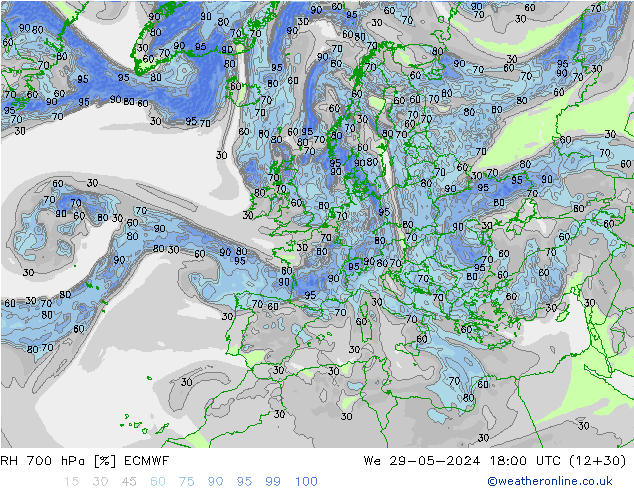 Humedad rel. 700hPa ECMWF mié 29.05.2024 18 UTC