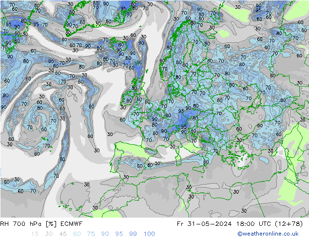 RH 700 hPa ECMWF Fr 31.05.2024 18 UTC