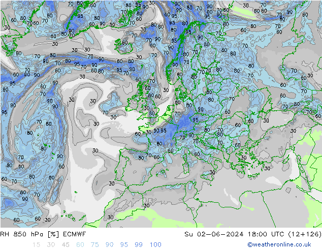 RH 850 hPa ECMWF nie. 02.06.2024 18 UTC