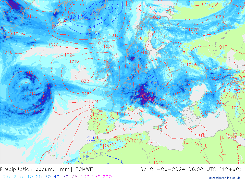 Nied. akkumuliert ECMWF Sa 01.06.2024 06 UTC