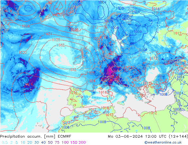 Precipitation accum. ECMWF pon. 03.06.2024 12 UTC