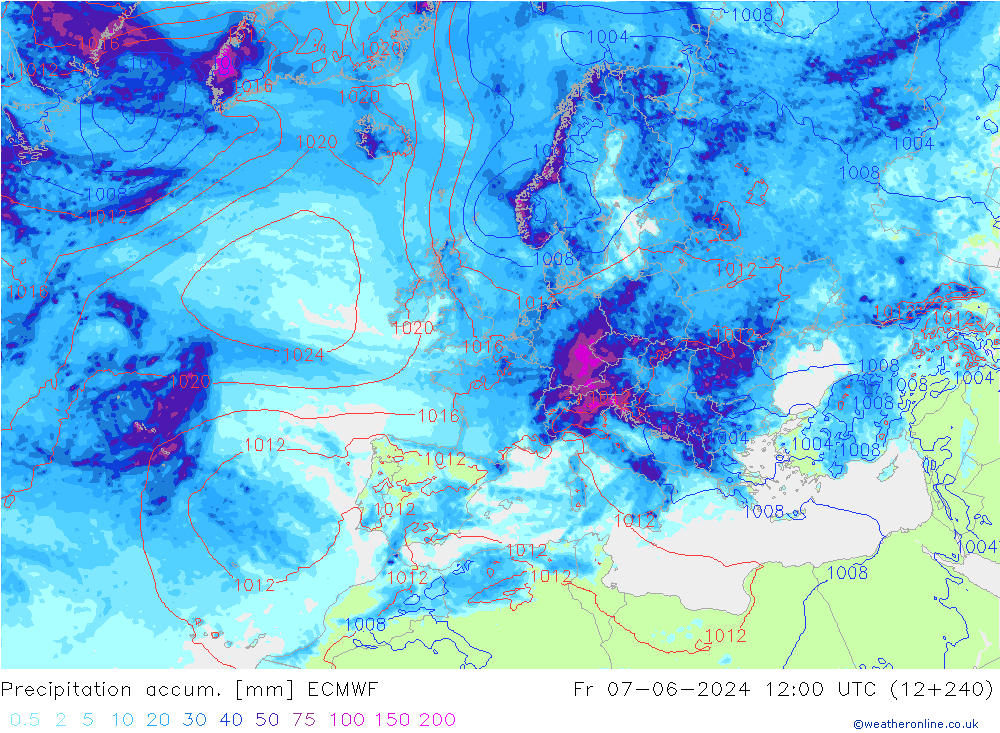 Precipitation accum. ECMWF Pá 07.06.2024 12 UTC
