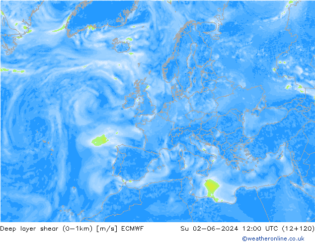 Deep layer shear (0-1km) ECMWF dom 02.06.2024 12 UTC