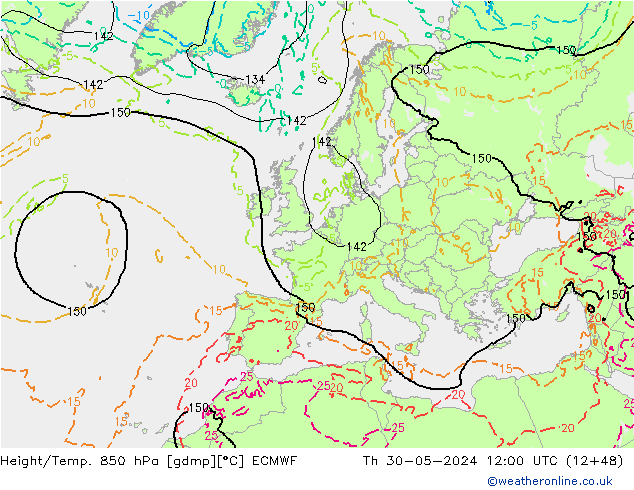 Z500/Rain (+SLP)/Z850 ECMWF Th 30.05.2024 12 UTC