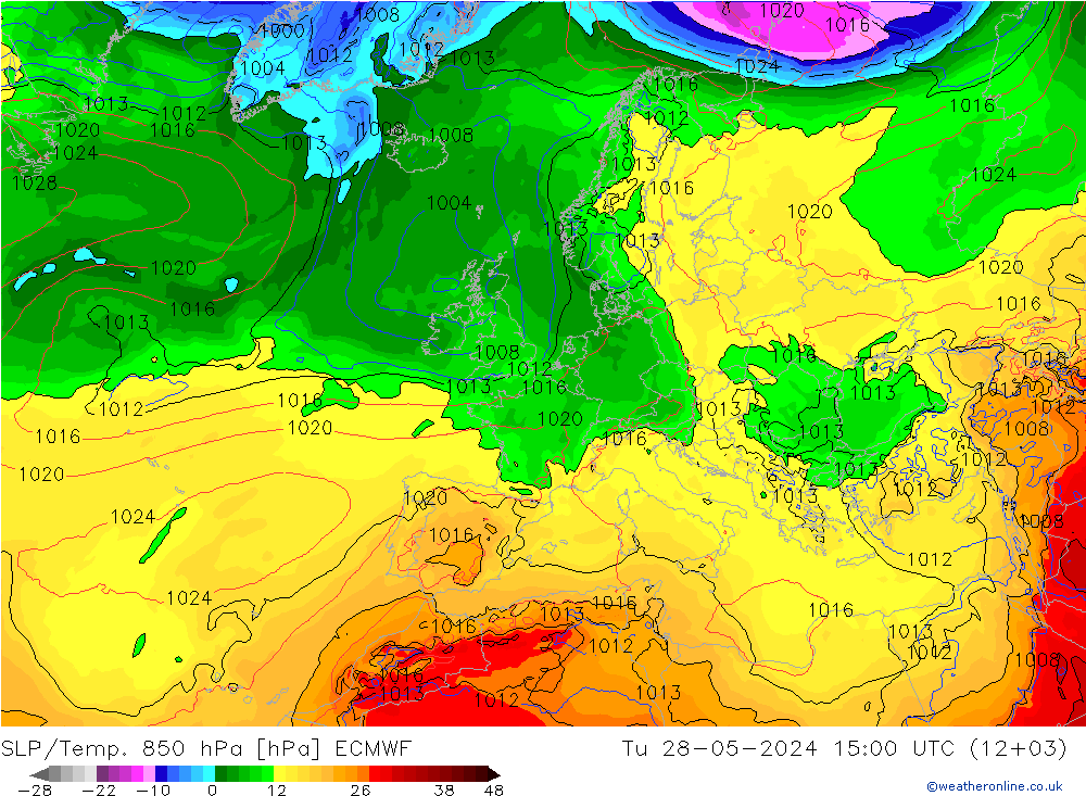 SLP/Temp. 850 hPa ECMWF Tu 28.05.2024 15 UTC