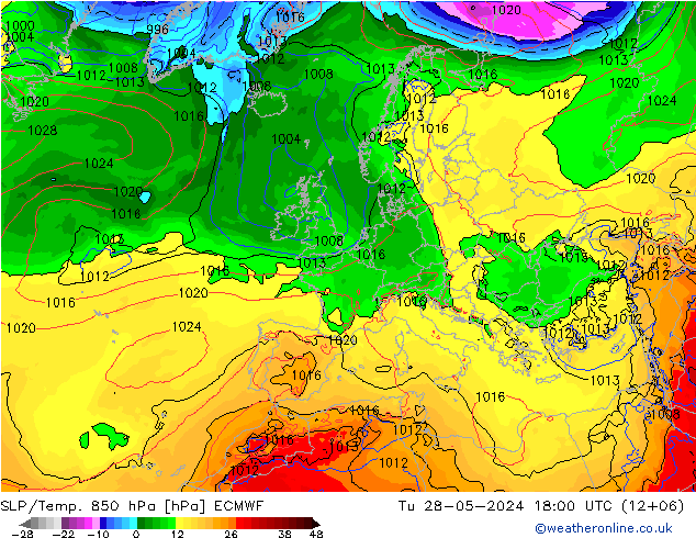 SLP/Temp. 850 hPa ECMWF mar 28.05.2024 18 UTC