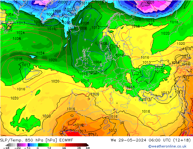 SLP/Temp. 850 гПа ECMWF ср 29.05.2024 06 UTC