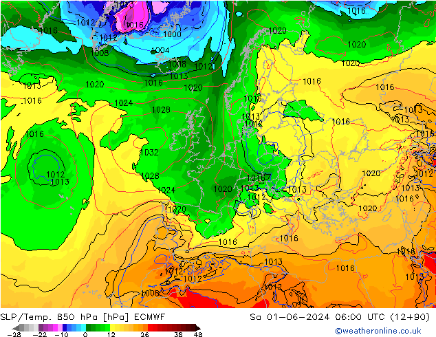 SLP/Temp. 850 hPa ECMWF Sa 01.06.2024 06 UTC