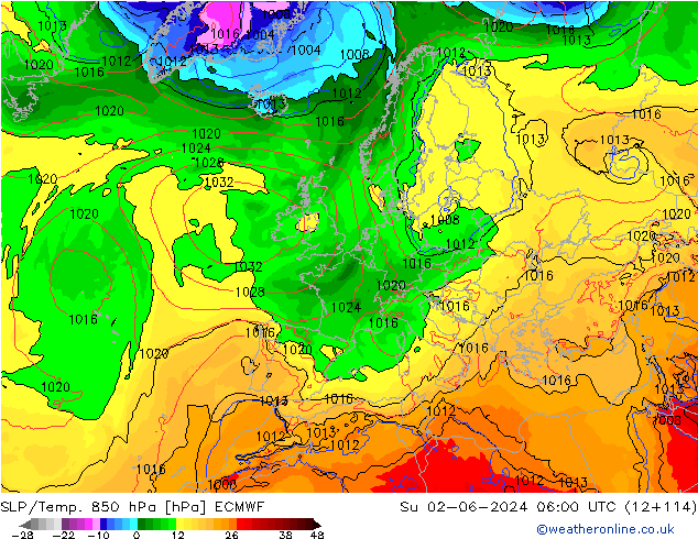 850 hPa Yer Bas./Sıc ECMWF Paz 02.06.2024 06 UTC