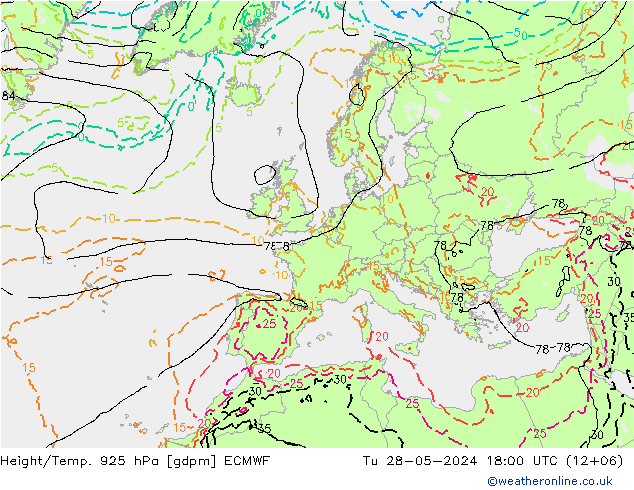 Height/Temp. 925 hPa ECMWF mar 28.05.2024 18 UTC